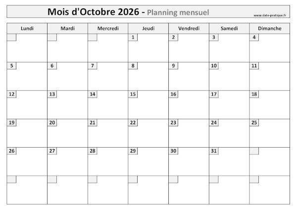 Planning Octobre 2026 à imprimer au format A4 paysage, pratique et clair.