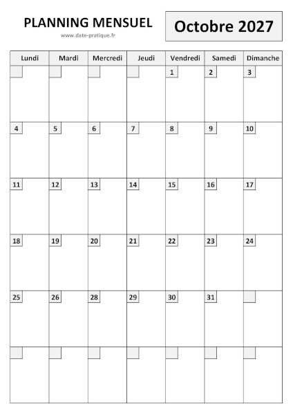 Planning Octobre 2027 à imprimer au format A4 portrait, pratique et clair.