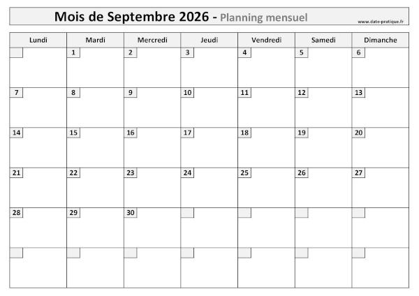 Planning Septembre 2026 à imprimer au format A4 paysage, pratique et clair.