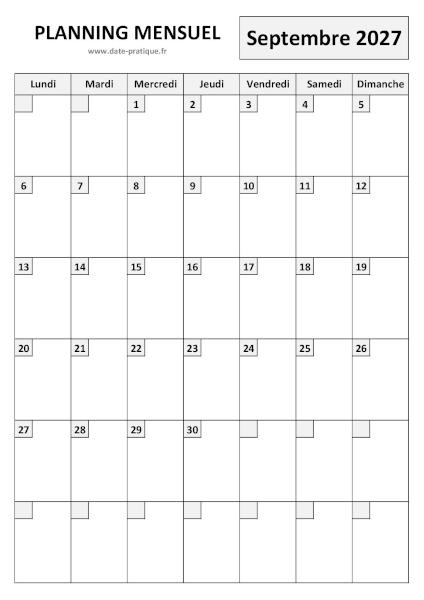 Planning Septembre 2027 à imprimer au format A4 portrait, pratique et clair.