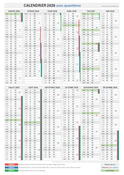 Calendrier 2026 avec quantième - Format portrait.