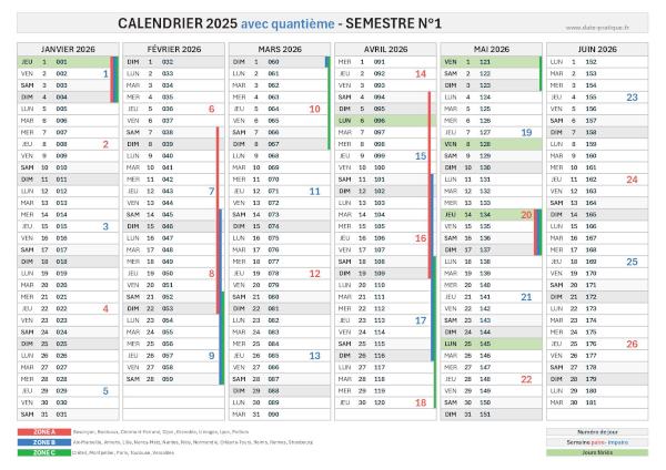 Calendrier 2026 avec quantième - Semestre N°1.