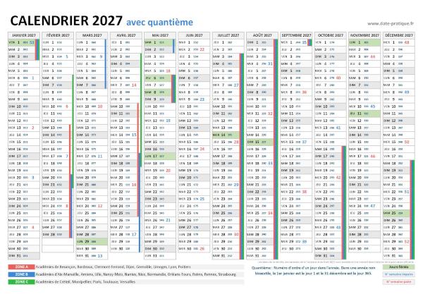 Calendrier 2027 avec quantième à imprimer.