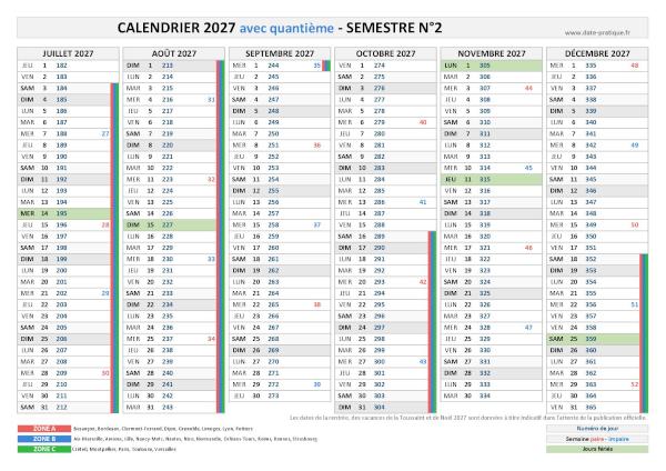 Calendrier 2027 avec quantième - Semestre N°2.