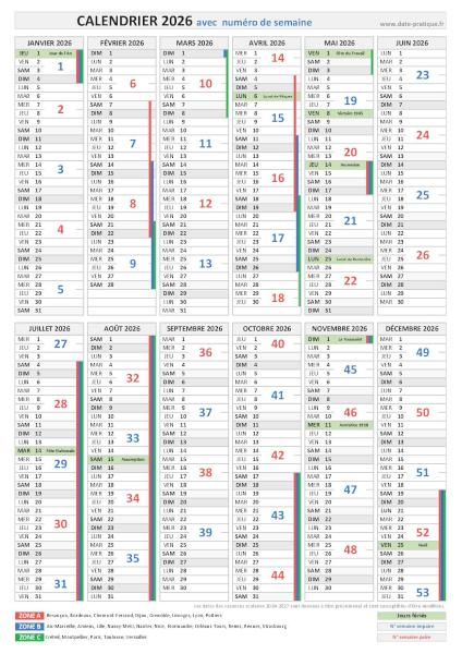 Calendrier 2026 avec semaines numérotées.
