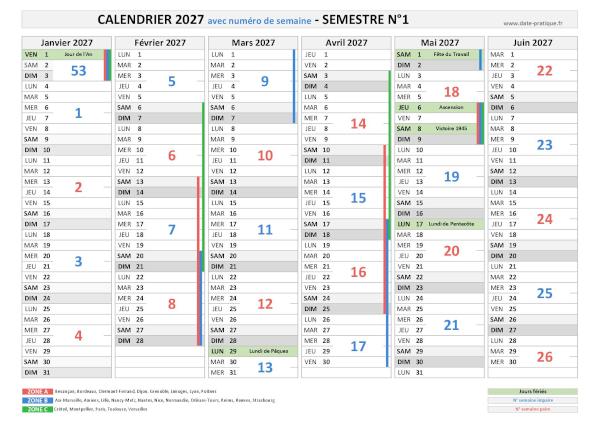 Calendrier 2027 avec semaine - Semestre N°1.