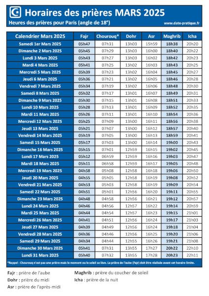 Horaires des prières à PARIS pour le mois de mars 2025