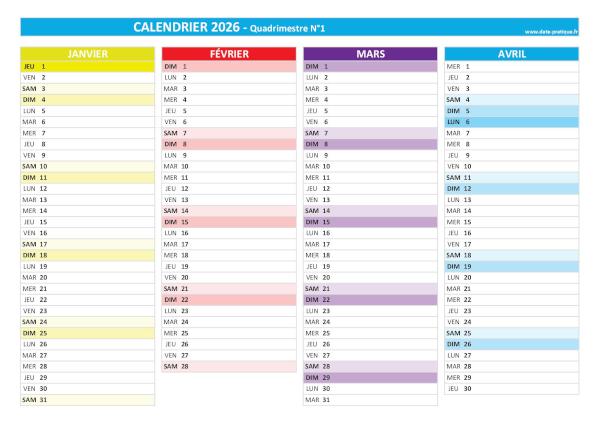 calendrier 2026 quadrimestriel : quadrimestre N°1.