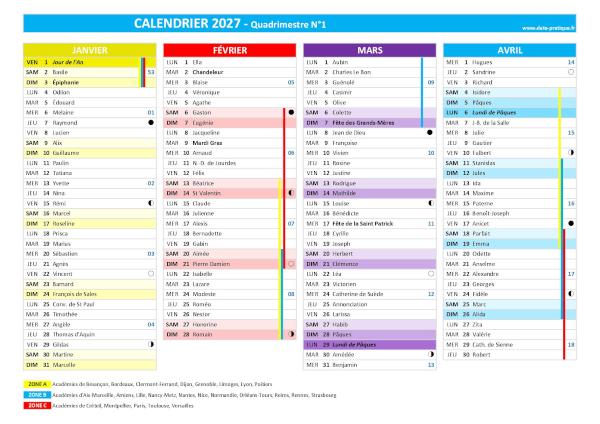 Calendrier 2027 quadrimestre N°1 : mois de janvier, février, mars et avril 2027.