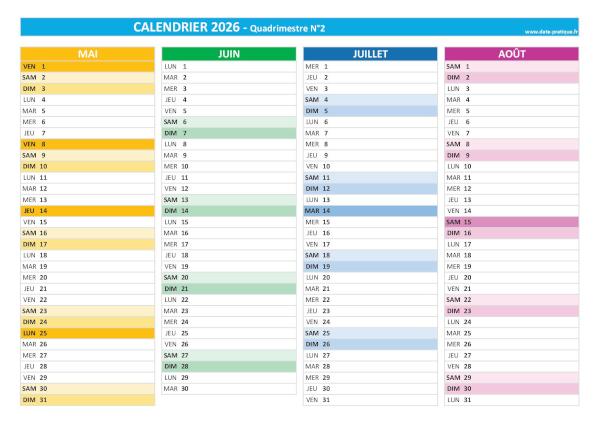 calendrier 2026 quadrimestriel : quadrimestre N°2.