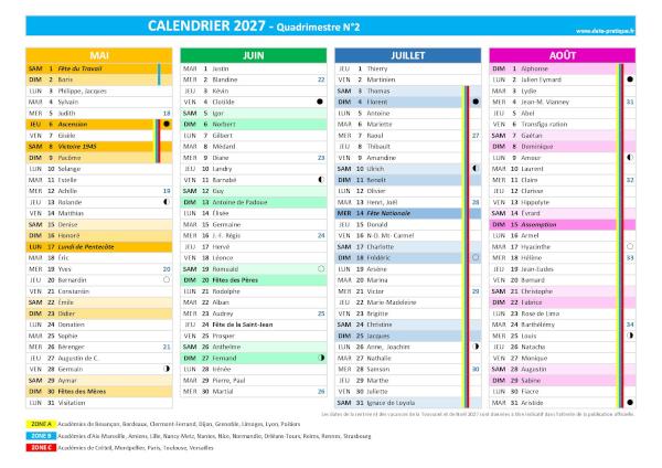 Calendrier 2027 Quadrimestre N°2 : mois de mai, juin, juillet et août 2027.