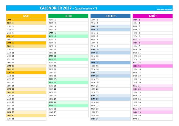 Calendrier 2027 vierge Quadrimestre N°2 : mois de mai, juin, juillet et août 2027.