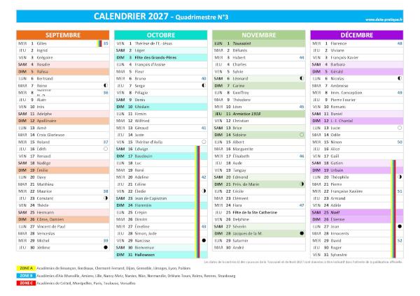 Calendrier 2027 quadrimestre N°3 : mois de septembre, octobre, novembre et décembre 2027.