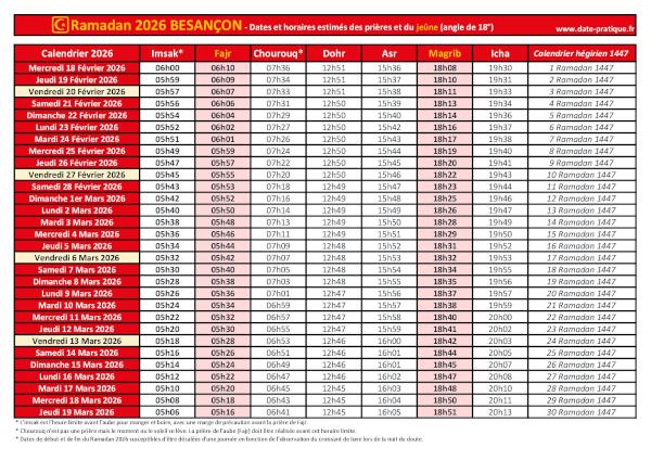 Calendrier 2026 pour le mois de ramadan avec les dates de début et de fin ainsi que celles des prières, thème rouge.