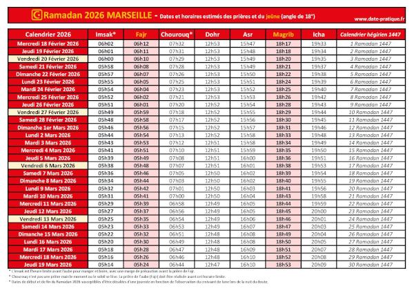 Calendrier 2026 pour le mois de ramadan avec les dates de début et de fin ainsi que celles des prières, thème rouge.
