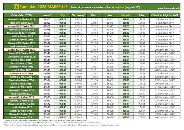 Calendrier 2026 pour le mois de ramadan avec les dates de début et de fin ainsi que celles des prières, thème vert.