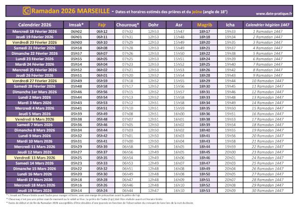 Calendrier 2026 pour le mois de ramadan avec les dates de début et de fin ainsi que celles des prières, thème violet.