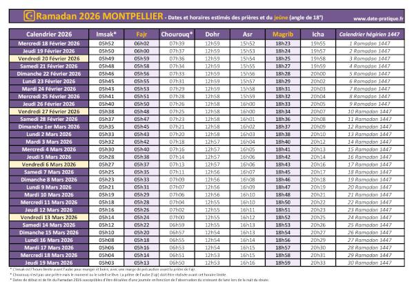 Calendrier Ramadan 2026 pour Montpellier avec les horaires du jeûne quotidien et des cinq prières obligatoires, thème violet.
