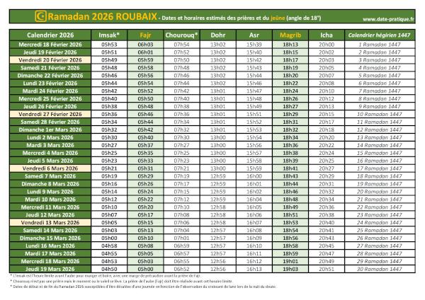 Calendrier 2026 pour le mois de ramadan avec les dates de début et de fin ainsi que celles des prières, thème vert.