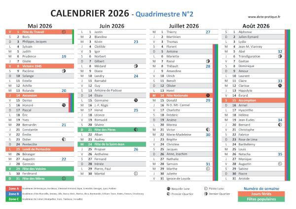 Calendrier 2026 avec saints, jours fériés, vacances scolaires à imprimer gratuitement - Quadrimestre N°2.