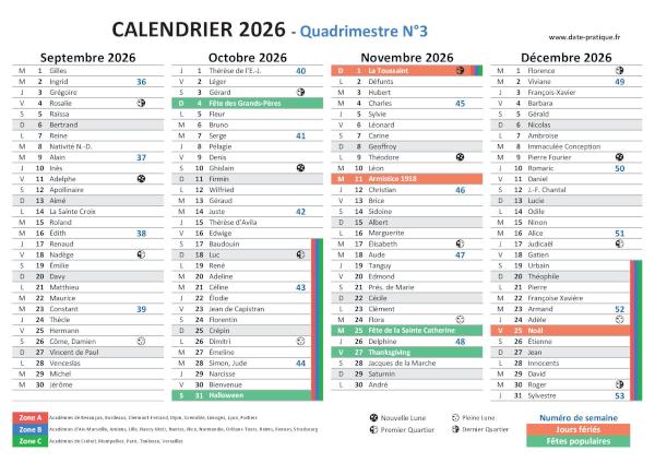 Calendrier 2026 avec saints, jours fériés, vacances scolaires à imprimer gratuitement - Quadrimestre N°3.