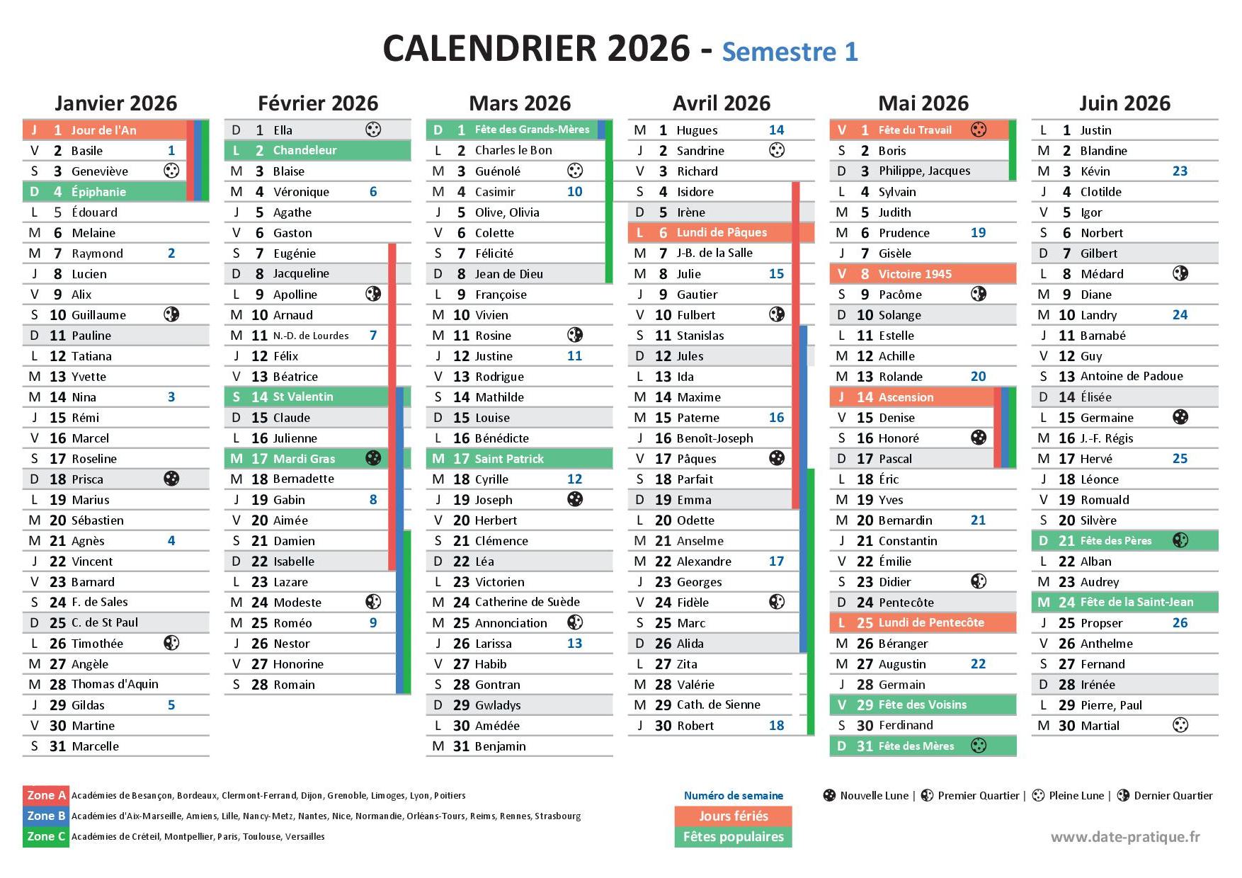 Calendrier 2026 avec saints, jours fériés, vacances scolaires à imprimer gratuitement - Semestre N°1.