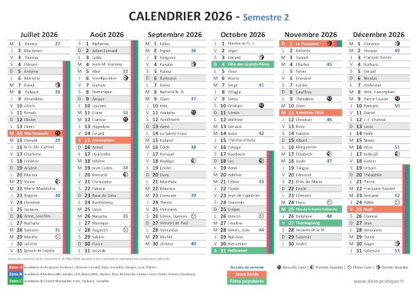 Calendrier 2026 avec saints, jours fériés, vacances scolaires à imprimer gratuitement - Semestre N°2.