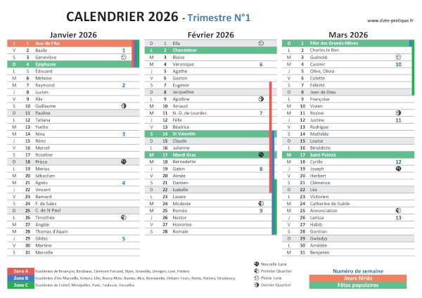 Calendrier Trimestre 1 2026 avec fêtes et dates pratiques à imprimer.