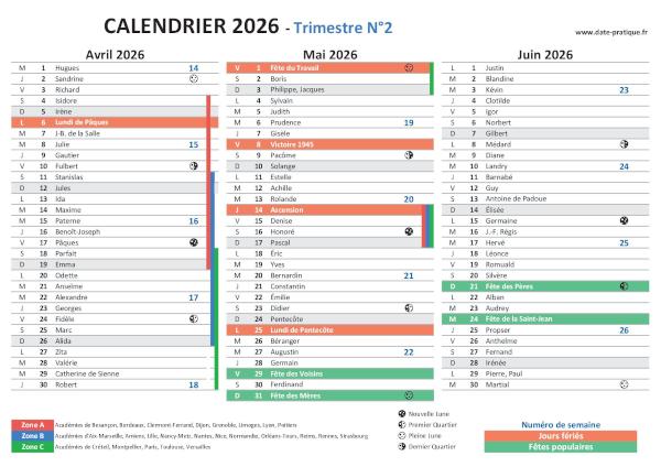 Calendrier Trimestre 2 2026 avec fêtes et dates pratiques à imprimer.