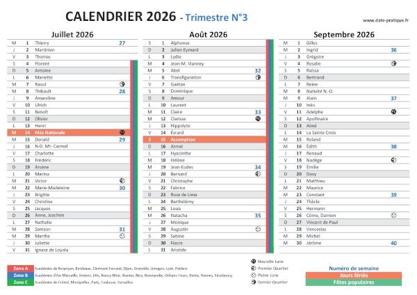Calendrier Trimestre 3 2026 avec fêtes et dates pratiques à imprimer.