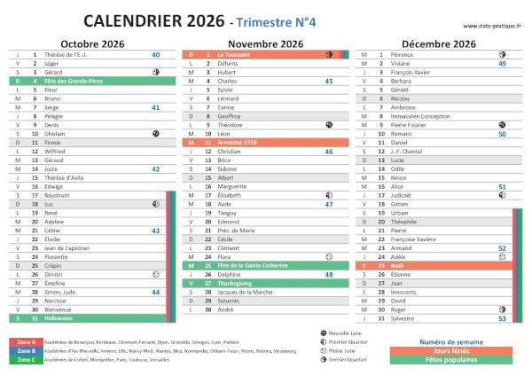 Calendrier Trimestre 4 2026 avec fêtes et dates pratiques à imprimer.