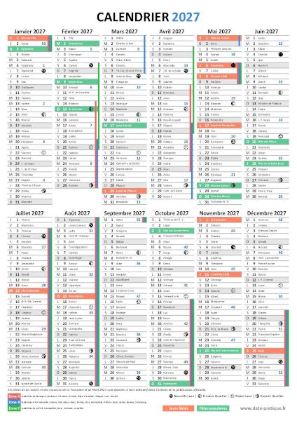 Calendrier 2027 avec saints, jours fériés, vacances scolaires à imprimer gratuitement, format A4 portrait.