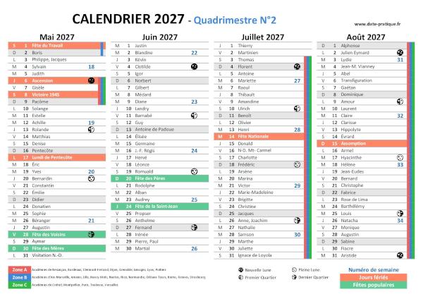 Calendrier 2027 avec saints, jours fériés, vacances scolaires à imprimer gratuitement - Quadrimestre N°2.