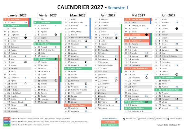 Calendrier 2027 avec saints, jours fériés, vacances scolaires à imprimer gratuitement - Semestre N°1.