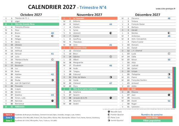 Calendrier 2027 avec saints, jours fériés, vacances scolaires à imprimer gratuitement - Trimestre N°4.