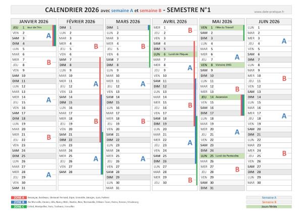 Calendrier 2026 avec semaine A et B - Semestre N°1.