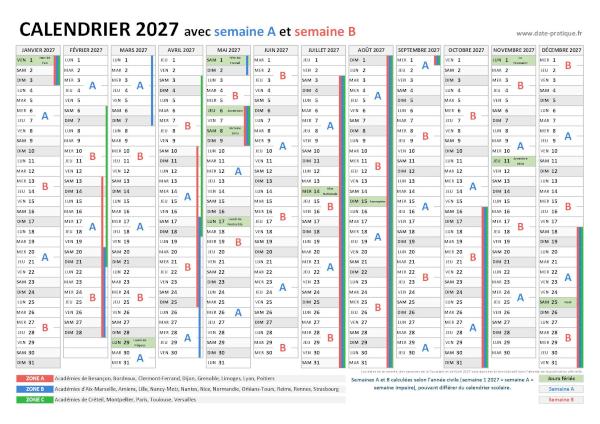 Calendrier 2027 avec semaine A et semaine B.