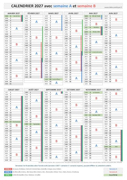 Calendrier 2027 avec semaine A et semaine B.