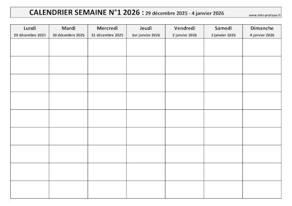 Calendrier pour la semaine 1 2026 à imprimer en noir et blanc, format A4 paysage.
