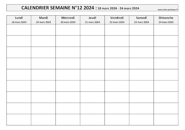 Calendrier pour la semaine 12 2024 à imprimer.