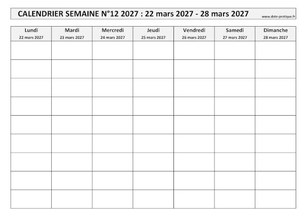 Calendrier pour la semaine 12 2027 à imprimer en noir et blanc, format A4 paysage.