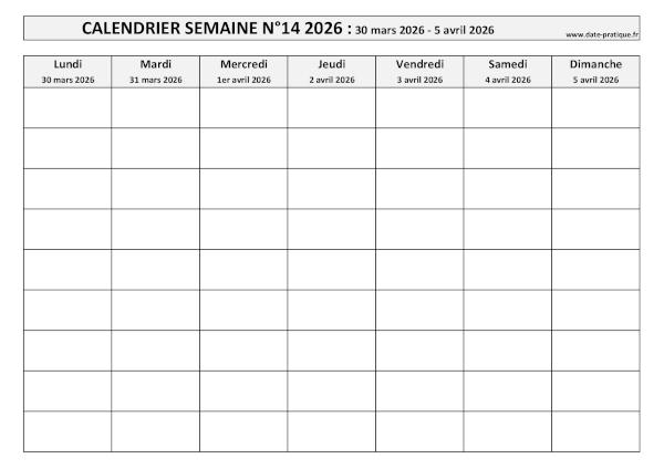 Calendrier pour la semaine 14 2026 à imprimer en noir et blanc, format A4 paysage.