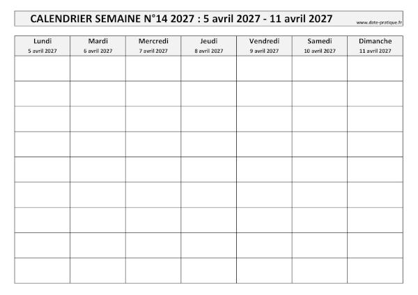 Calendrier pour la semaine 14 2027 à imprimer en noir et blanc, format A4 paysage.