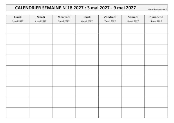 Calendrier pour la semaine 18 2027 à imprimer en noir et blanc, format A4 paysage.