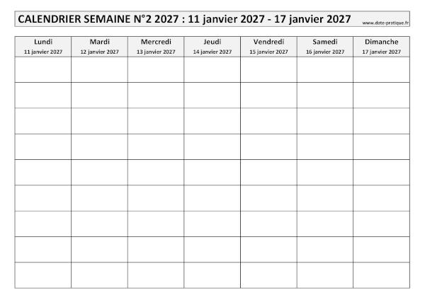 Calendrier pour la semaine 2 2027 à imprimer.
