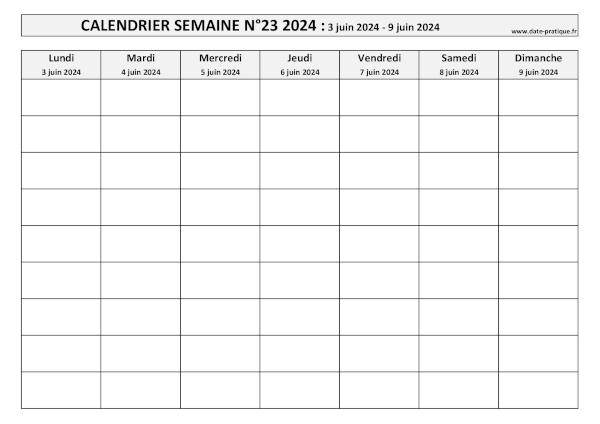 Calendrier pour la semaine 23 2024 à imprimer.