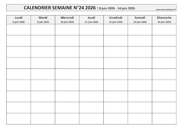 Calendrier pour la semaine 24 2026 à imprimer en noir et blanc, format A4 paysage.