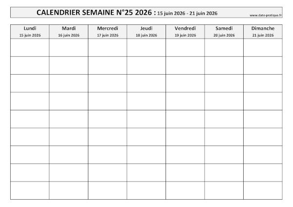 Calendrier pour la semaine 25 2026 à imprimer en noir et blanc, format A4 paysage.