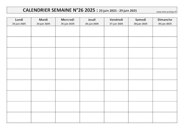Calendrier pour la semaine 26 2025 à imprimer.