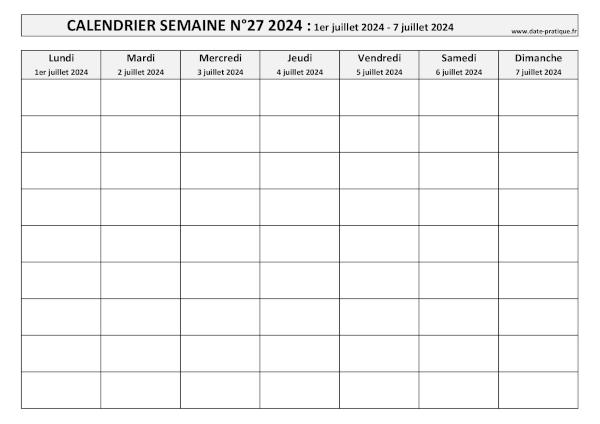 Calendrier pour la semaine 27 2024 à imprimer.